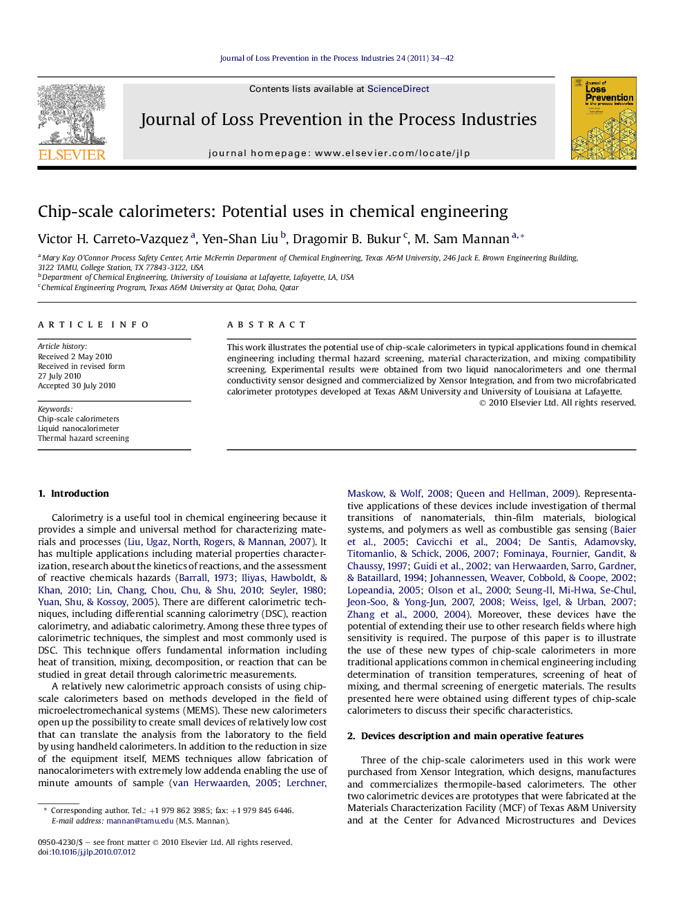 عکس صفحه اول مقاله: Chip-scale calorimeters: Potential uses in chemical engineering Chip-scale calorimeters: Potential uses in chemical engineering