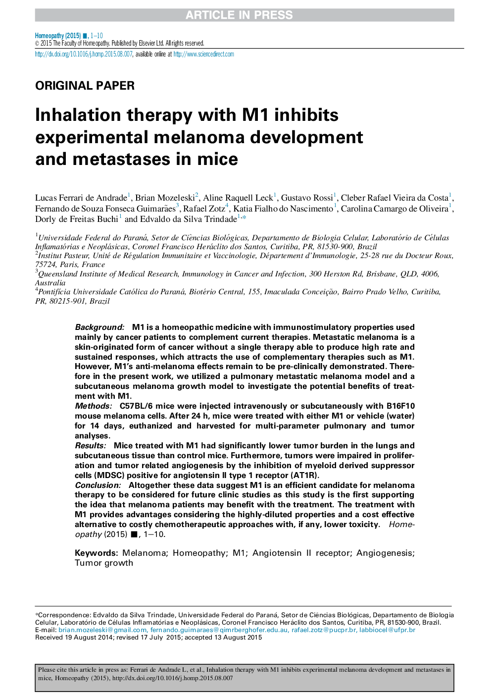 Inhalation therapy with M1 inhibits experimental melanoma development and metastases in mice