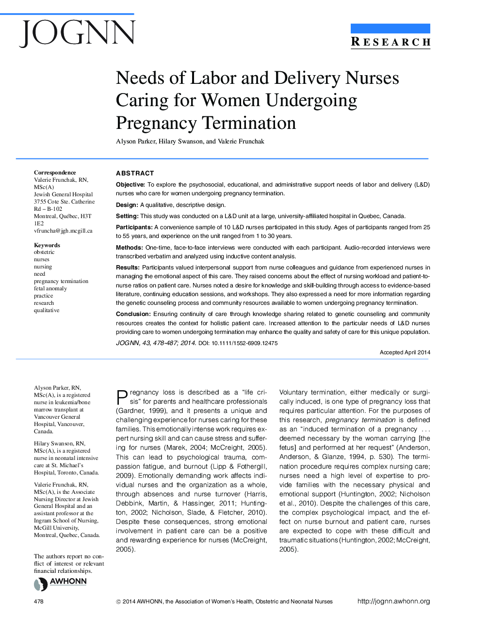 Needs of Labor and Delivery Nurses Caring for Women Undergoing Pregnancy Termination