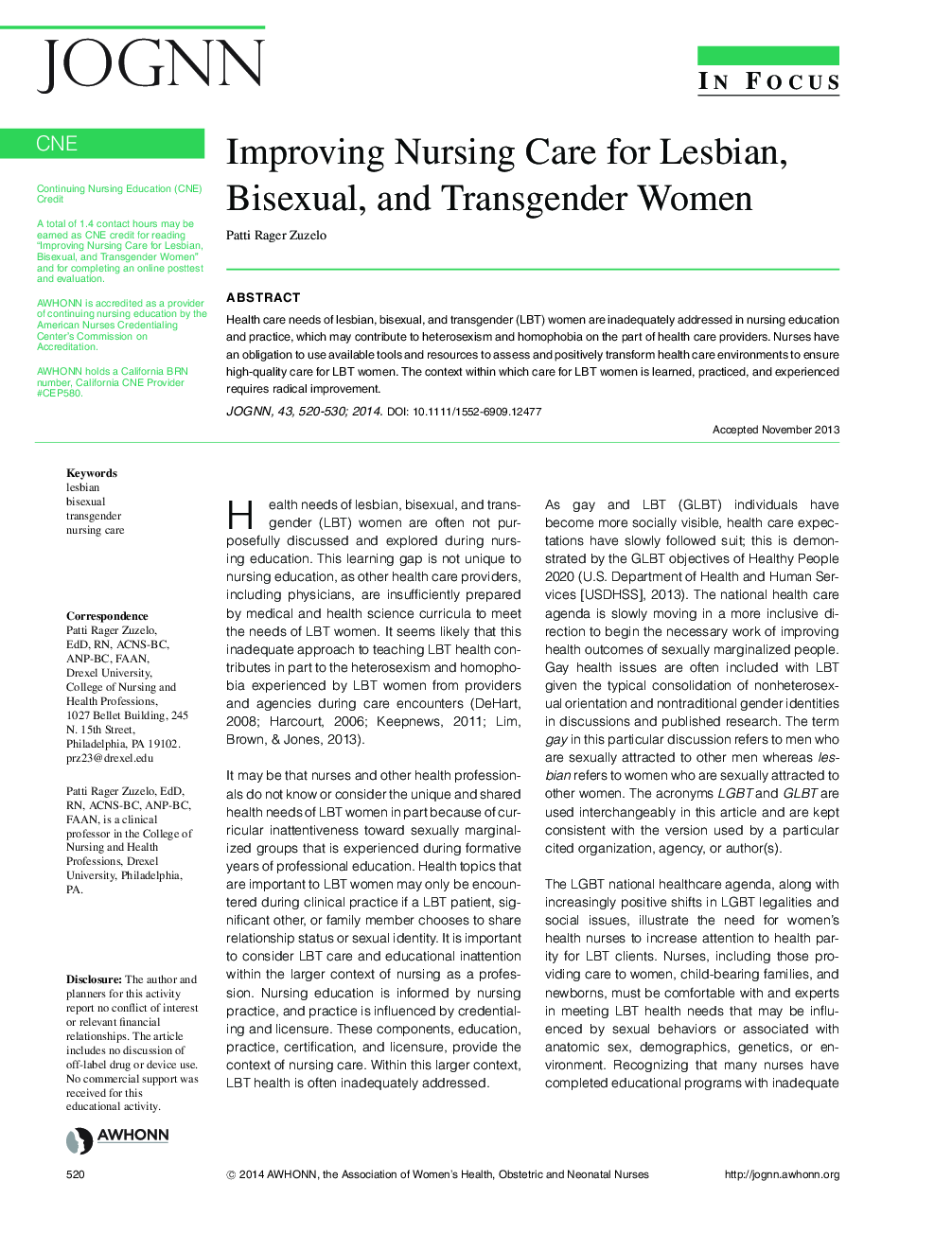 Improving Nursing Care for Lesbian, Bisexual, and Transgender Women