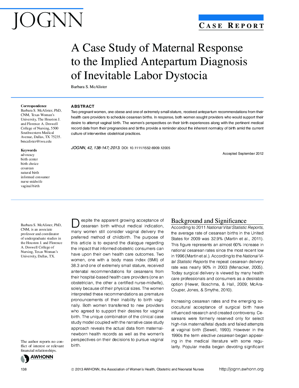 A Case Study of Maternal Response to the Implied Antepartum Diagnosis of Inevitable Labor Dystocia