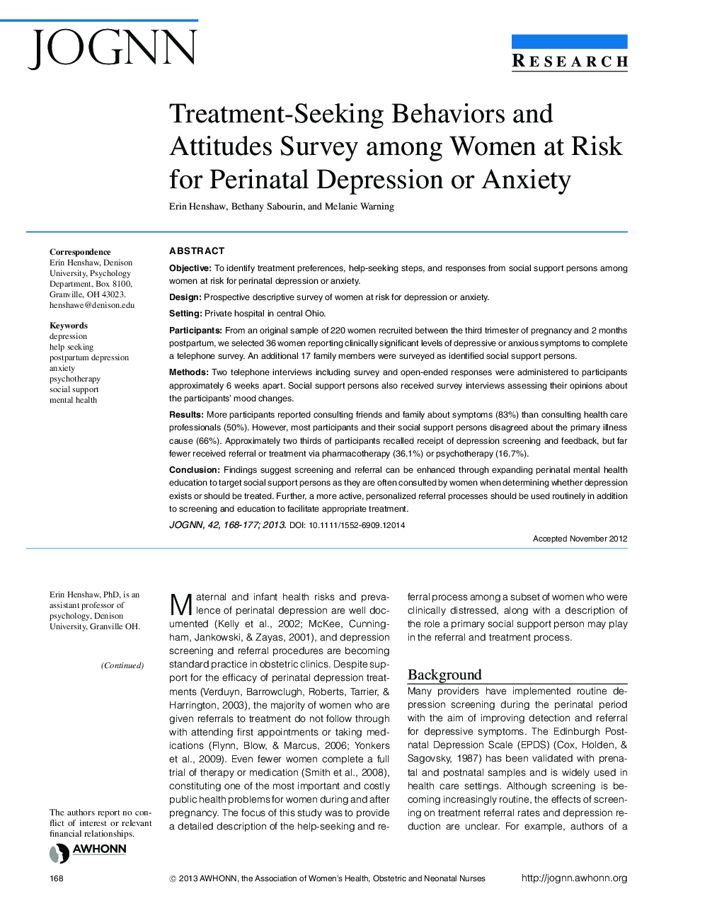 TreatmentâSeeking Behaviors and Attitudes Survey among Women at Risk for Perinatal Depression or Anxiety