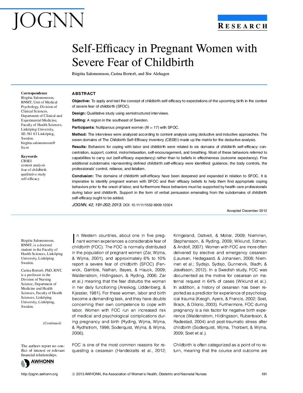 SelfâEfficacy in Pregnant Women with Severe Fear of Childbirth