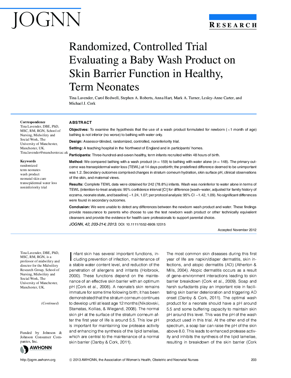 Randomized, Controlled Trial Evaluating a Baby Wash Product on Skin Barrier Function in Healthy, Term Neonates