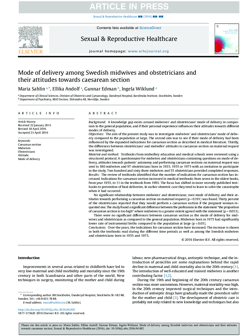 Mode of delivery among Swedish midwives and obstetricians and their attitudes towards caesarean section