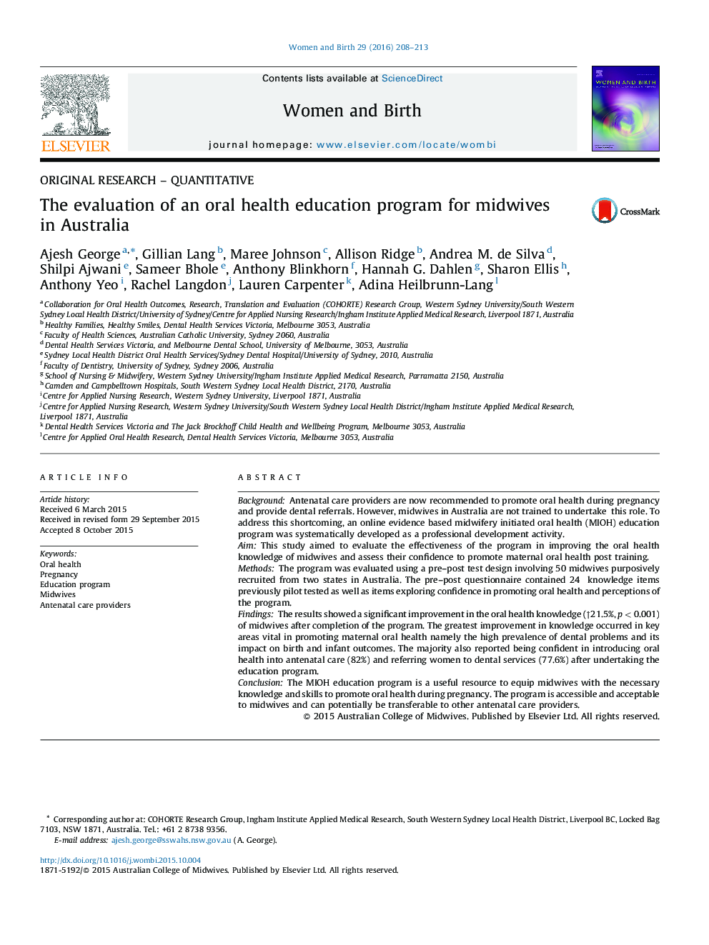 ORIGINAL RESEARCH - QUANTITATIVEThe evaluation of an oral health education program for midwives in Australia