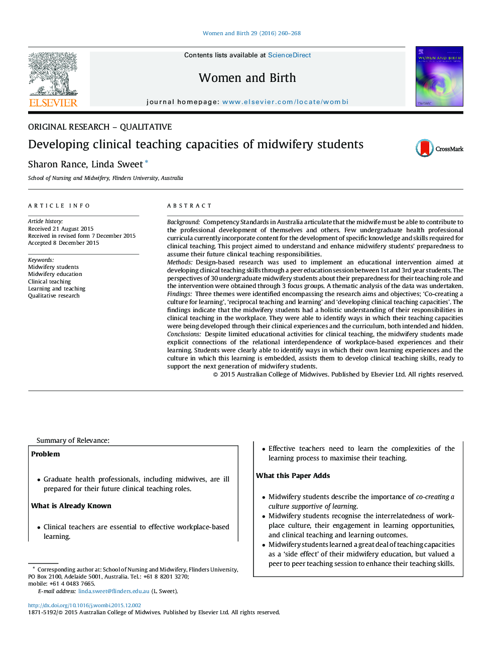 ORIGINAL RESEARCH - QUALITATIVEDeveloping clinical teaching capacities of midwifery students