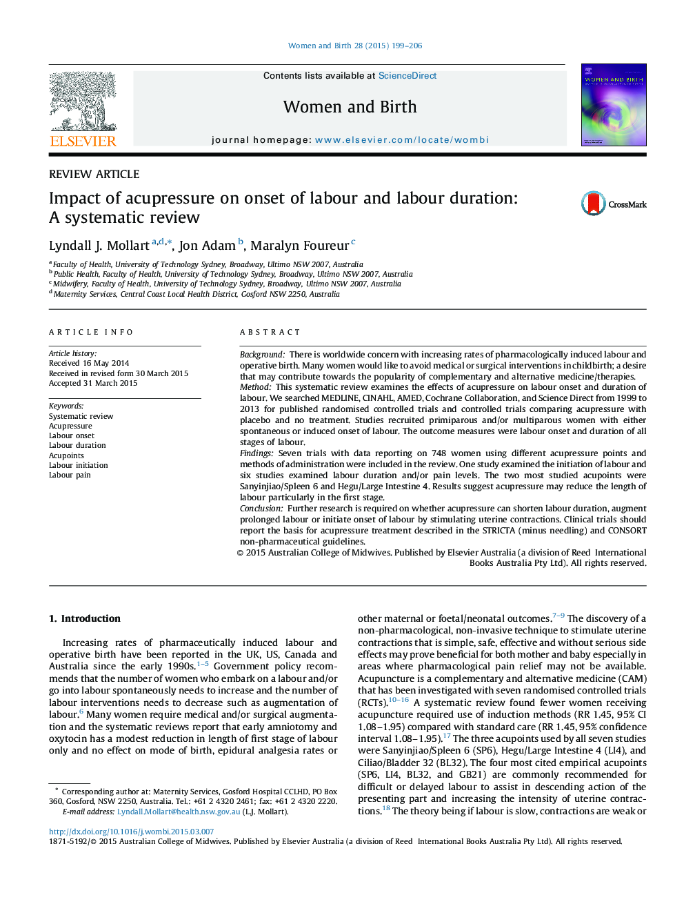 REVIEW ARTICLEImpact of acupressure on onset of labour and labour duration: A systematic review