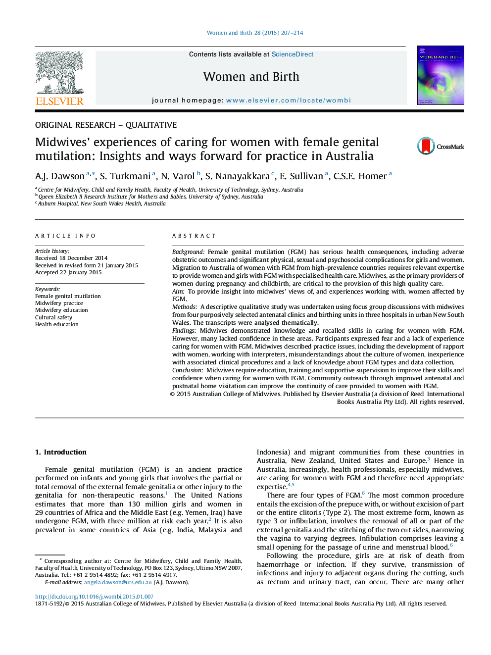 ORIGINAL RESEARCH - QUALITATIVEMidwives' experiences of caring for women with female genital mutilation: Insights and ways forward for practice in Australia