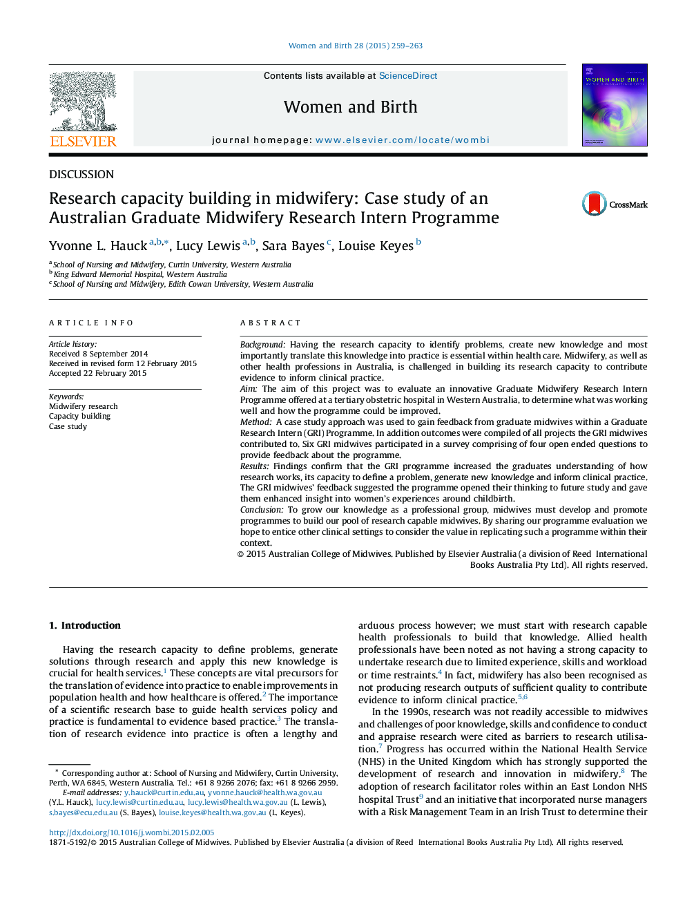 Research capacity building in midwifery: Case study of an Australian Graduate Midwifery Research Intern Programme