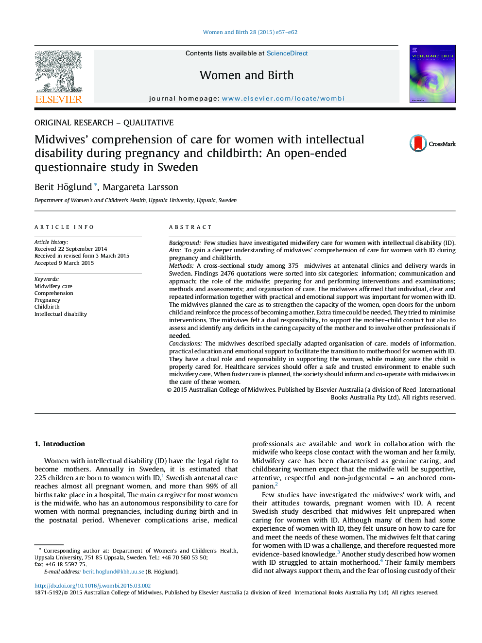 Midwives' comprehension of care for women with intellectual disability during pregnancy and childbirth: An open-ended questionnaire study in Sweden