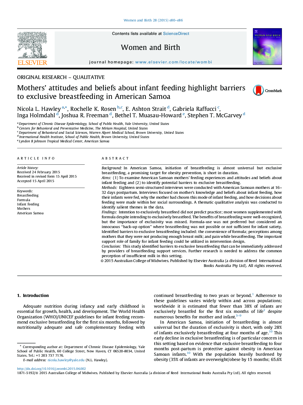 Mothers' attitudes and beliefs about infant feeding highlight barriers to exclusive breastfeeding in American Samoa