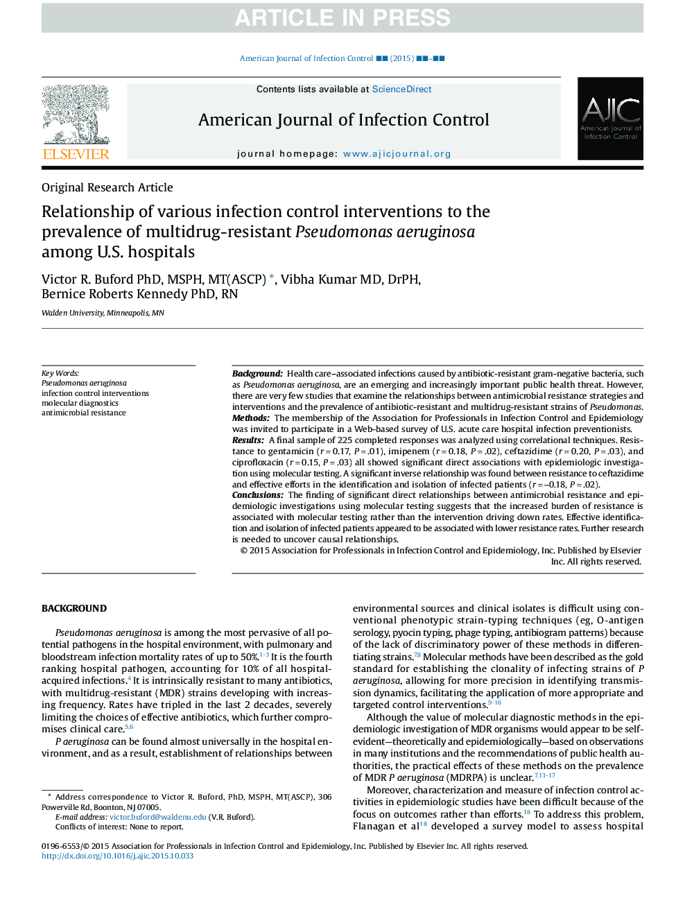 Relationship of various infection control interventions to the prevalence of multidrug-resistant Pseudomonas aeruginosa among U.S. hospitals