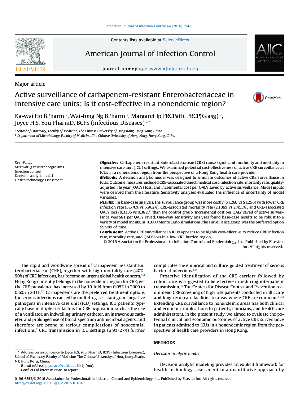 Major articleActive surveillance of carbapenem-resistant Enterobacteriaceae in intensive care units: Is it cost-effective in a nonendemic region?