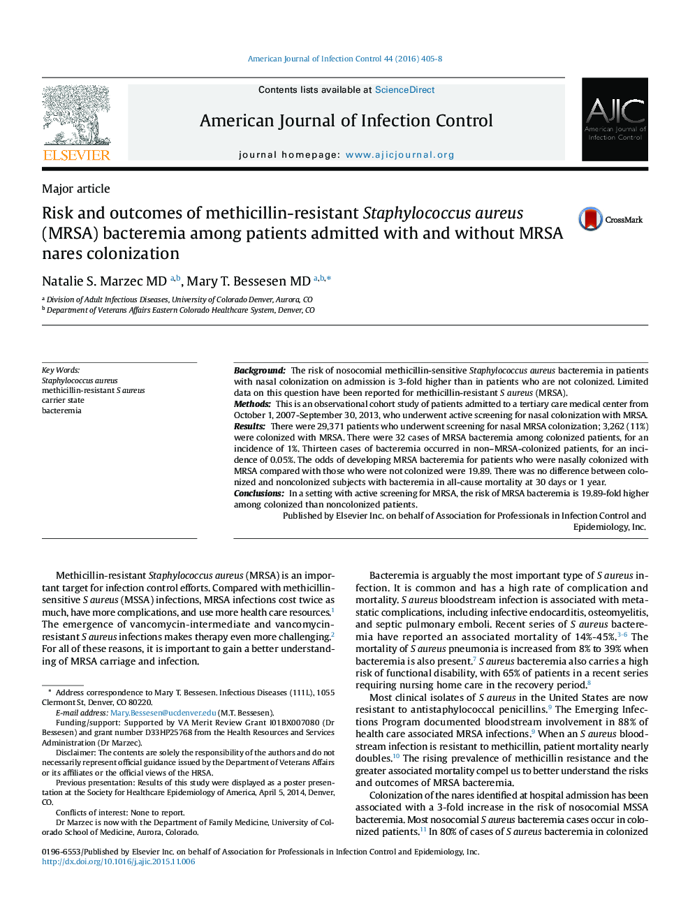 Risk and outcomes of methicillin-resistant Staphylococcus aureus (MRSA) bacteremia among patients admitted with and without MRSA nares colonization