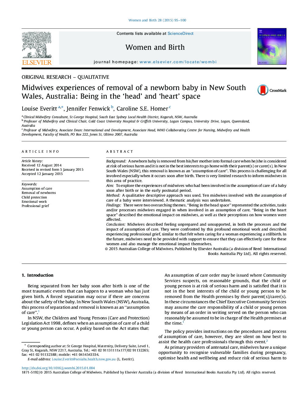 Midwives experiences of removal of a newborn baby in New South Wales, Australia: Being in the 'head' and 'heart' space