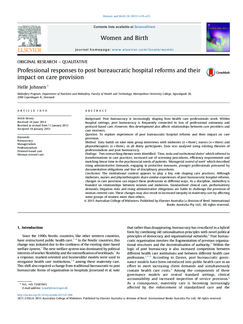 Professional responses to post bureaucratic hospital reforms and their impact on care provision