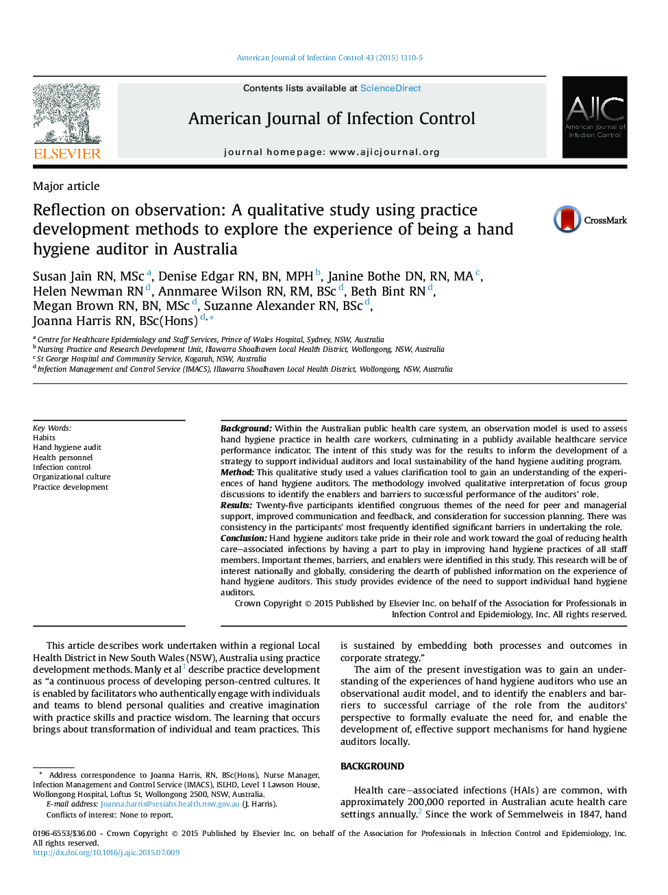 Major articleReflection on observation: A qualitative study using practice development methods to explore the experience of being a hand hygiene auditor in Australia