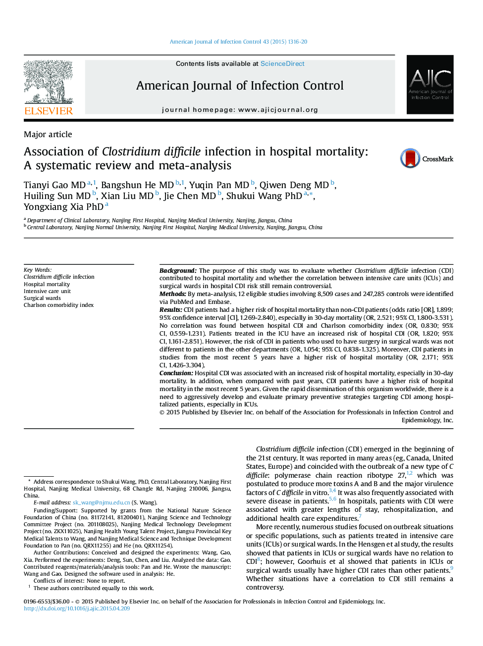 Association of Clostridium difficile infection in hospital mortality: A systematic review and meta-analysis