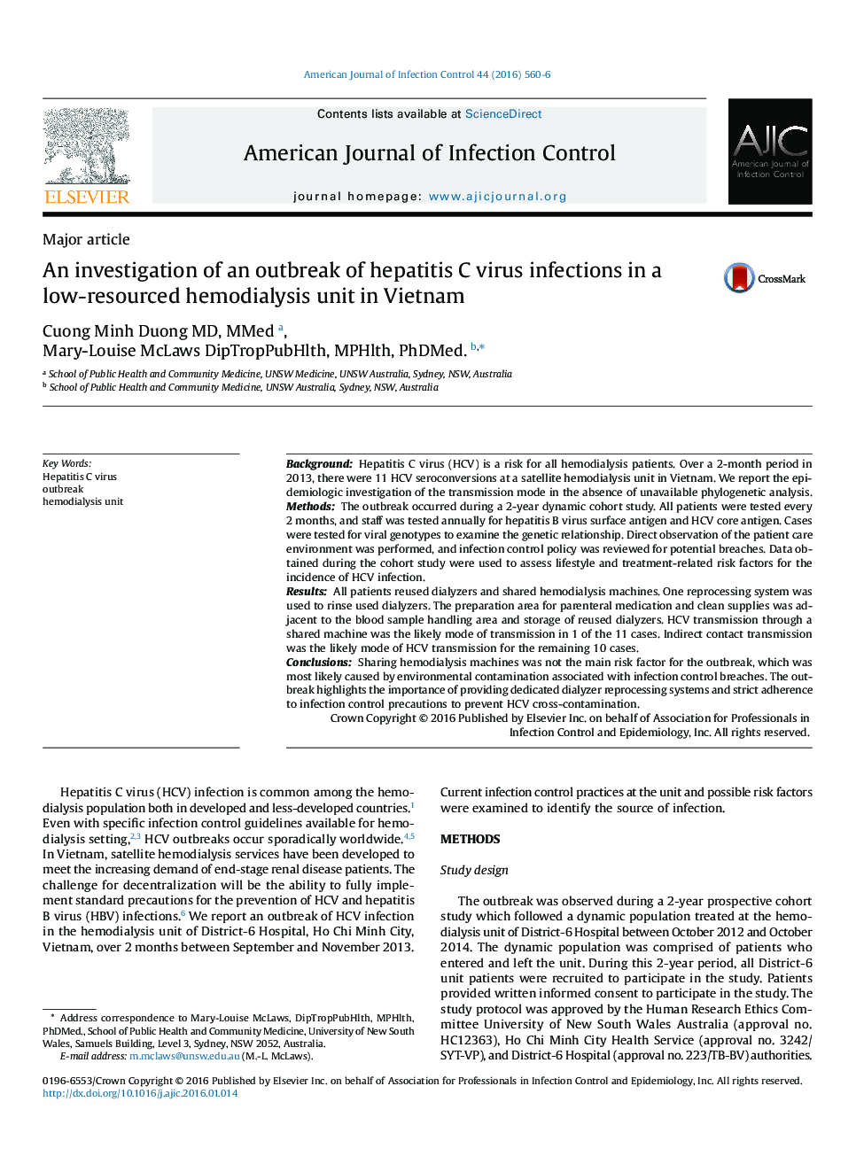 Major articleAn investigation of an outbreak of hepatitis C virus infections in a low-resourced hemodialysis unit in Vietnam