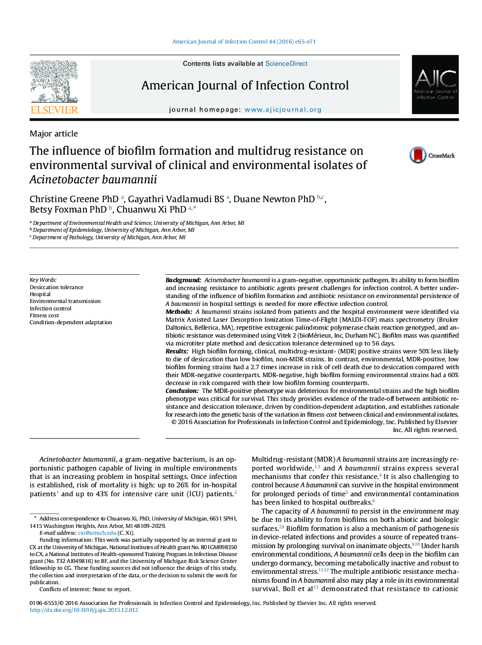 Major articleThe influence of biofilm formation and multidrug resistance on environmental survival of clinical and environmental isolates of Acinetobacter baumannii