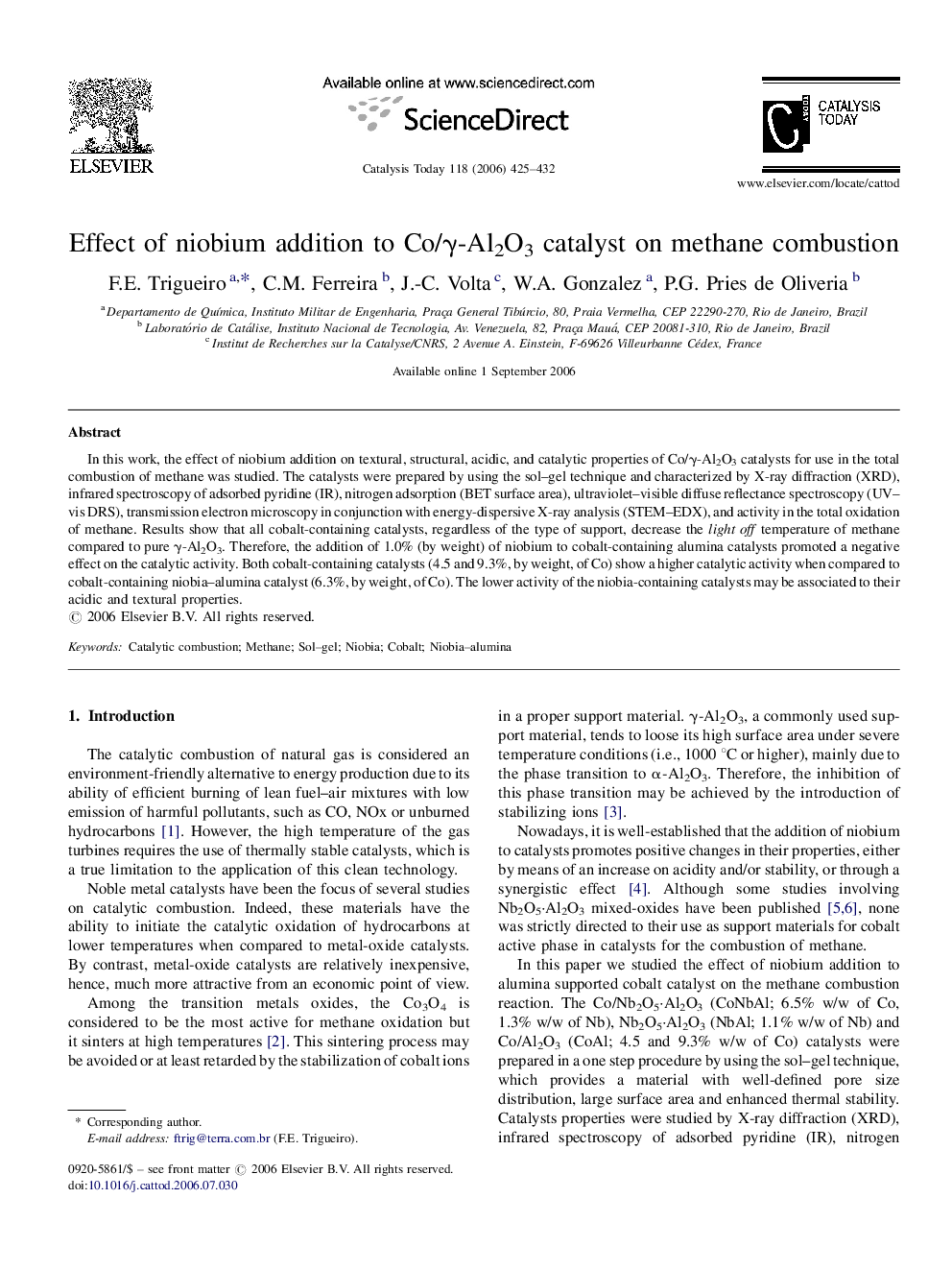 Effect of niobium addition to Co/γ-Al2O3 catalyst on methane combustion