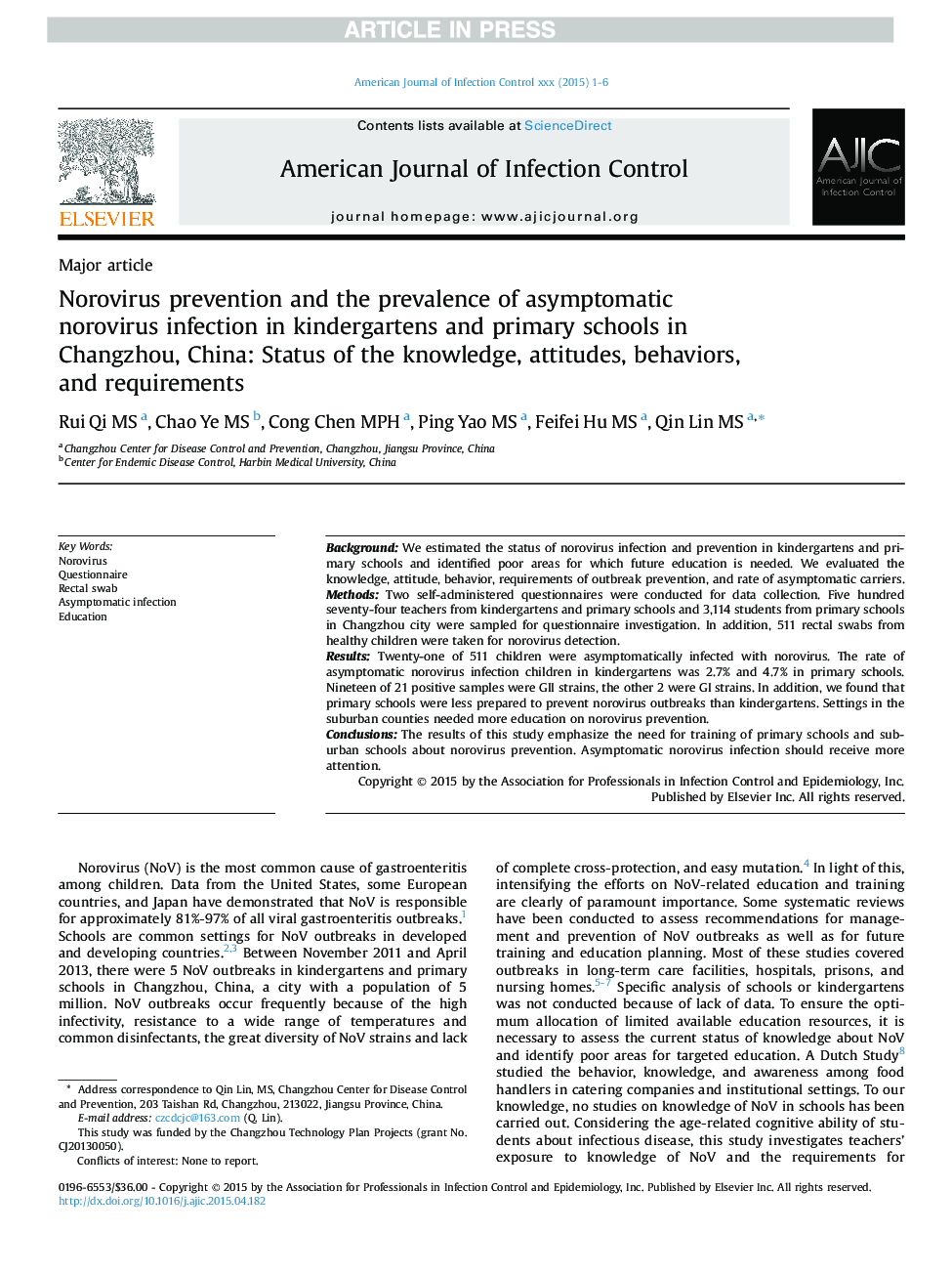 Norovirus prevention and the prevalence of asymptomatic norovirusÂ infection in kindergartens and primary schools in Changzhou, China: Status of the knowledge, attitudes, behaviors, and requirements