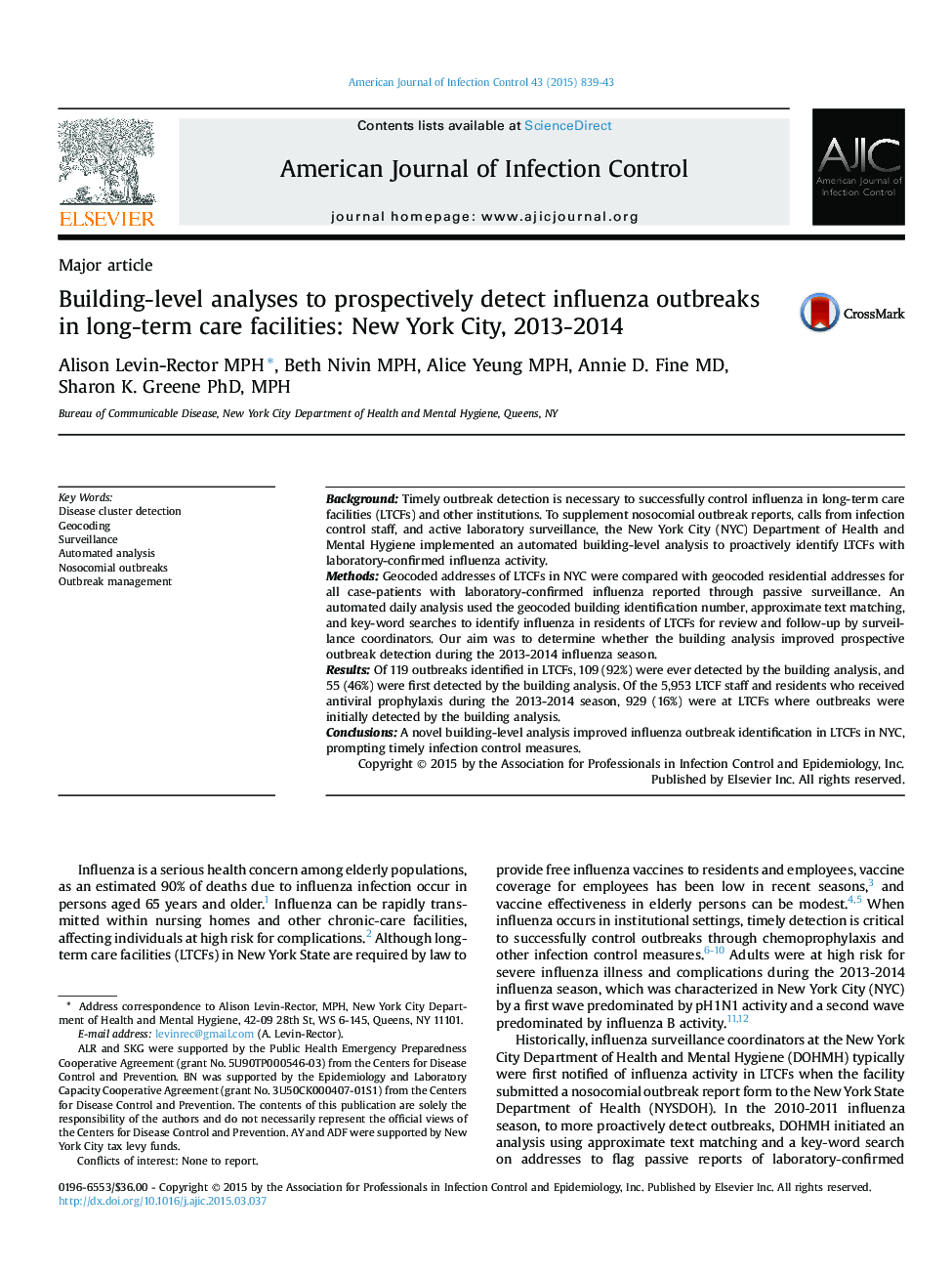 Major articleBuilding-level analyses to prospectively detect influenza outbreaks in long-term care facilities: New York City, 2013-2014