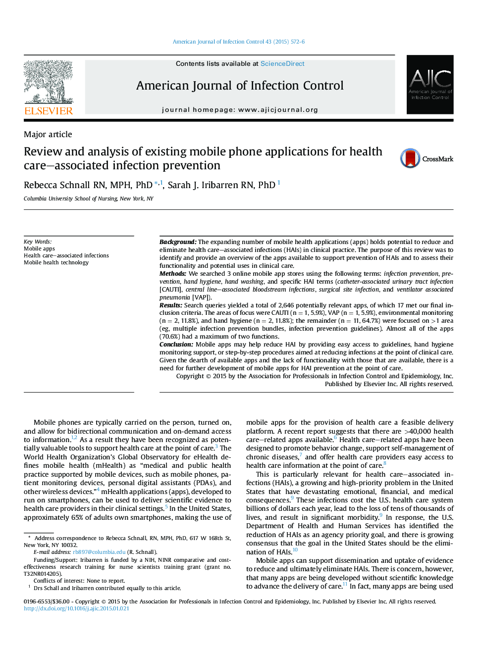 Major articleReview and analysis of existing mobile phone applications for health care-associated infection prevention