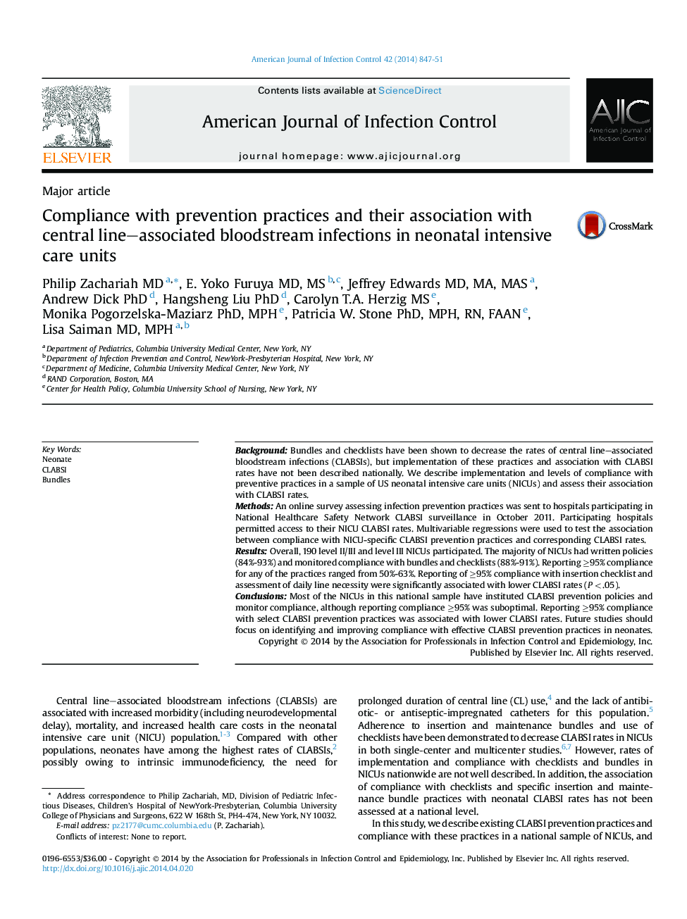 Compliance with prevention practices and their association with central line-associated bloodstream infections in neonatal intensive care units