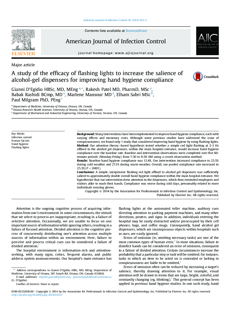 A study of the efficacy of flashing lights to increase the salience of alcohol-gel dispensers for improving hand hygiene compliance