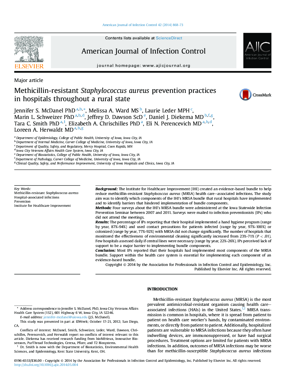 Methicillin-resistant Staphylococcus aureus prevention practices in hospitals throughout a rural state