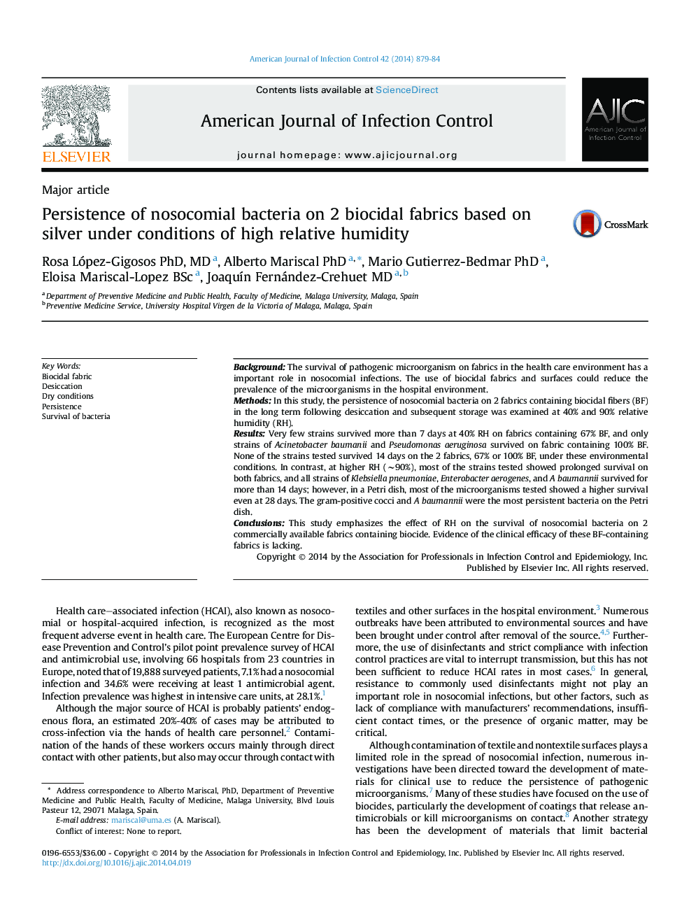 Persistence of nosocomial bacteria on 2 biocidal fabrics based on silver under conditions of high relative humidity