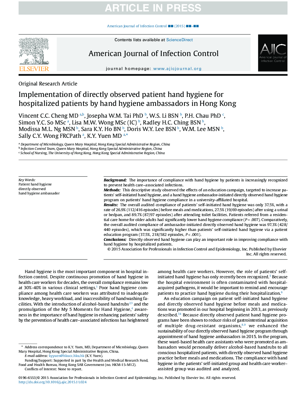 Implementation of directly observed patient hand hygiene for hospitalized patients by hand hygiene ambassadors in Hong Kong