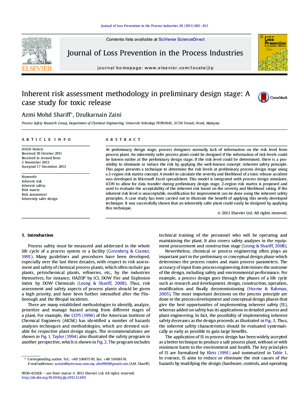 Inherent risk assessment methodology in preliminary design stage: A case study for toxic release