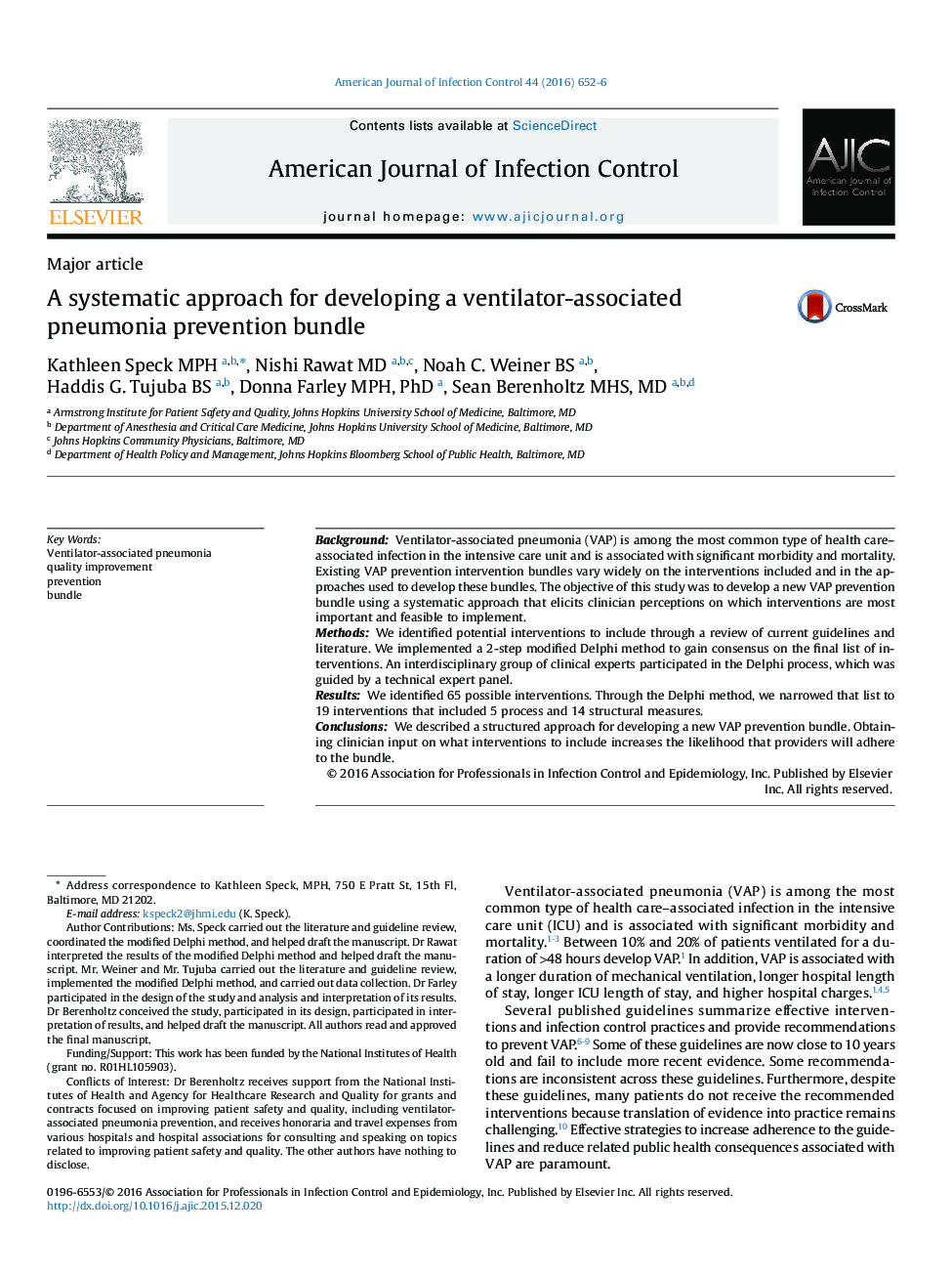 Major articleA systematic approach for developing a ventilator-associated pneumonia prevention bundle