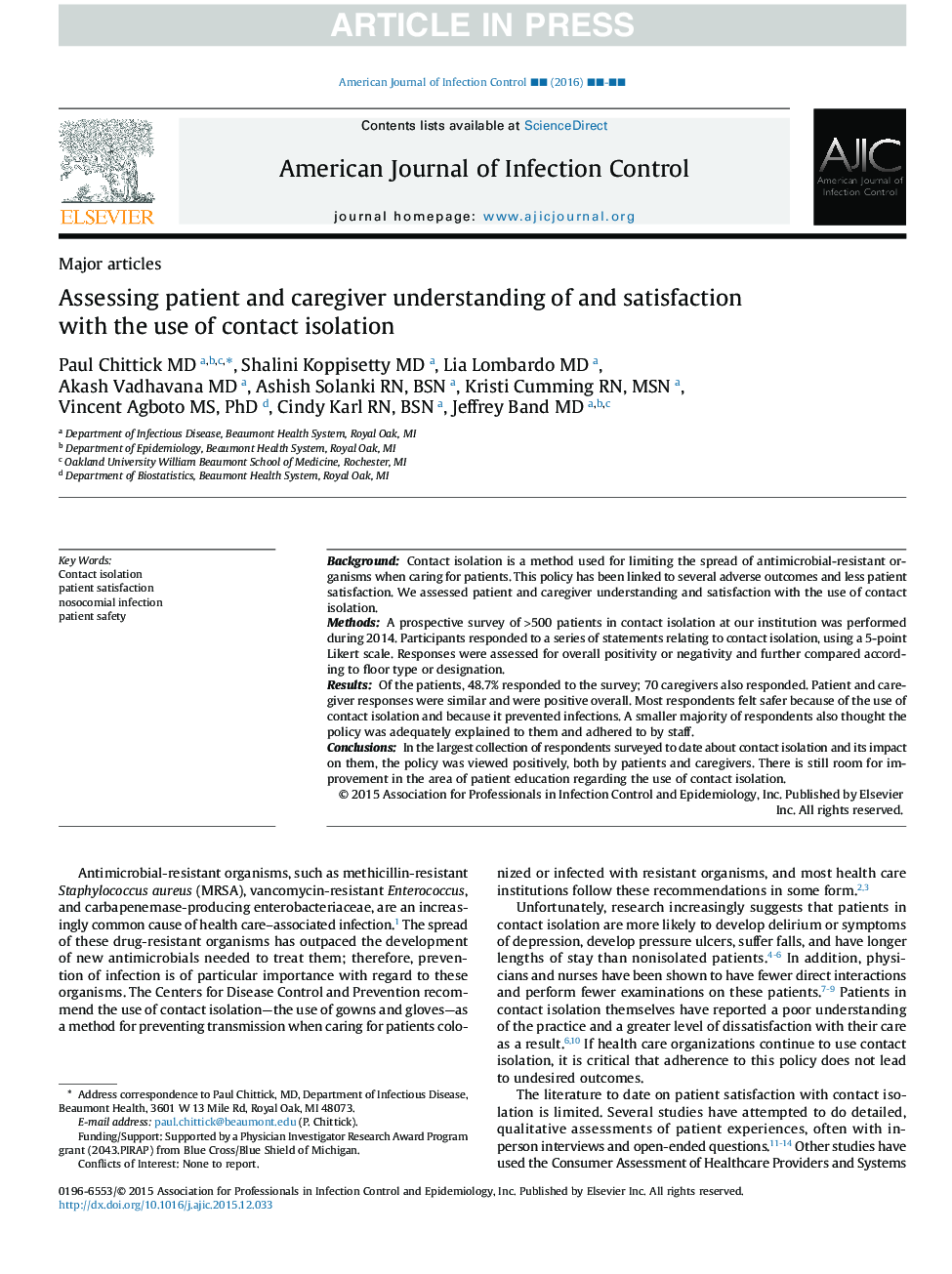 Assessing patient and caregiver understanding of and satisfaction with the use of contact isolation