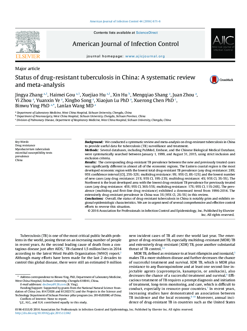 Major articleStatus of drug-resistant tuberculosis in China: A systematic review and meta-analysis