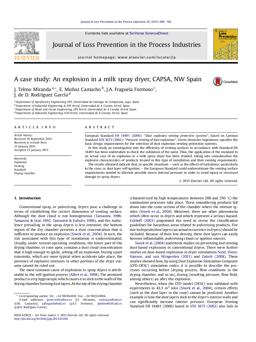 A case study: An explosion in a milk spray dryer, CAPSA, NW Spain