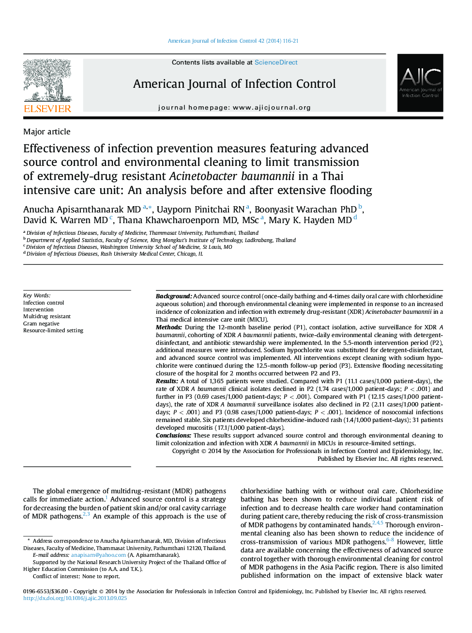 Effectiveness of infection prevention measures featuring advanced source control and environmental cleaning to limit transmission of extremely-drug resistant Acinetobacter baumannii in a Thai intensive care unit: An analysis before and after extensive flo