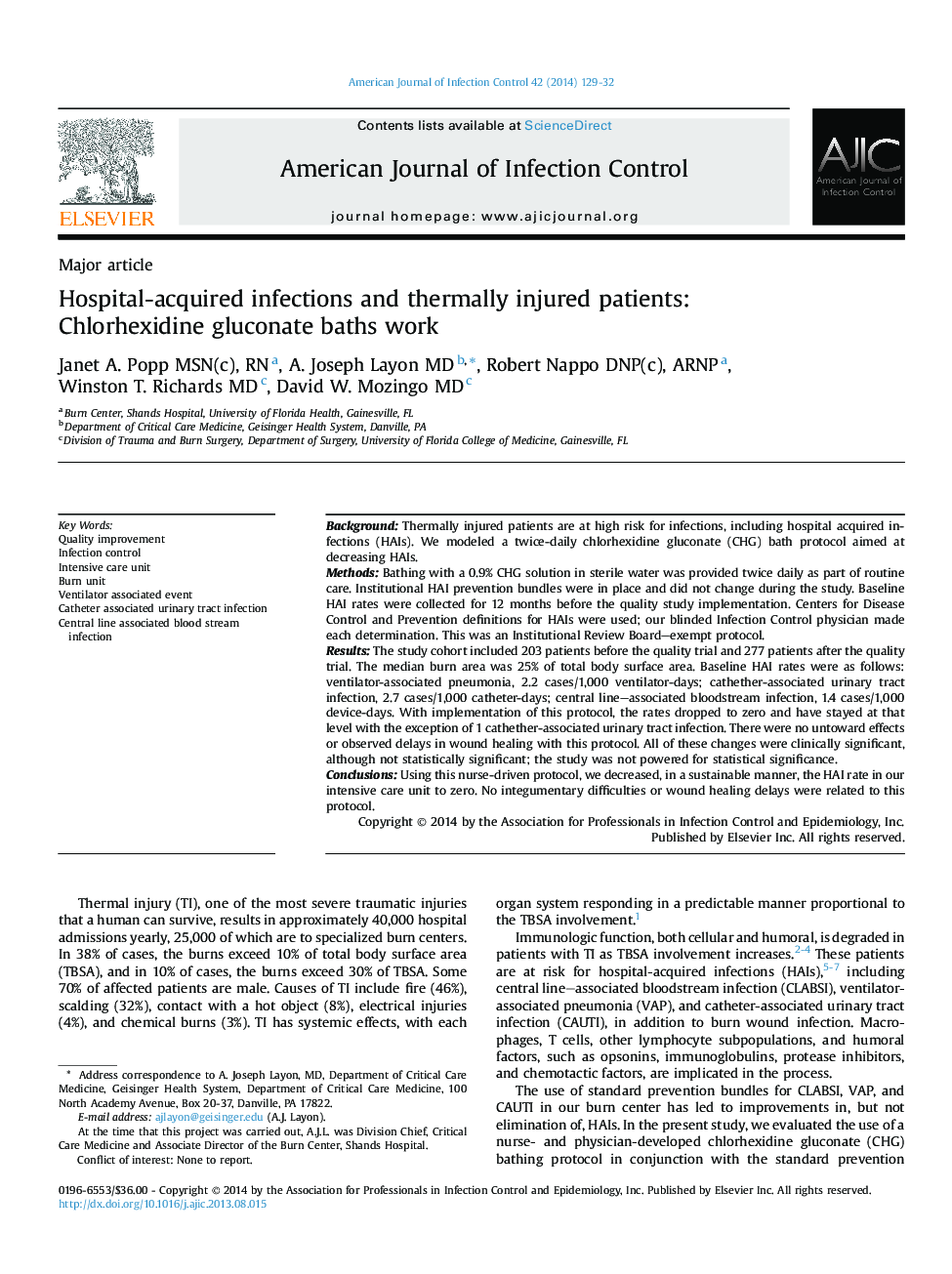 Hospital-acquired infections and thermally injured patients: Chlorhexidine gluconate baths work