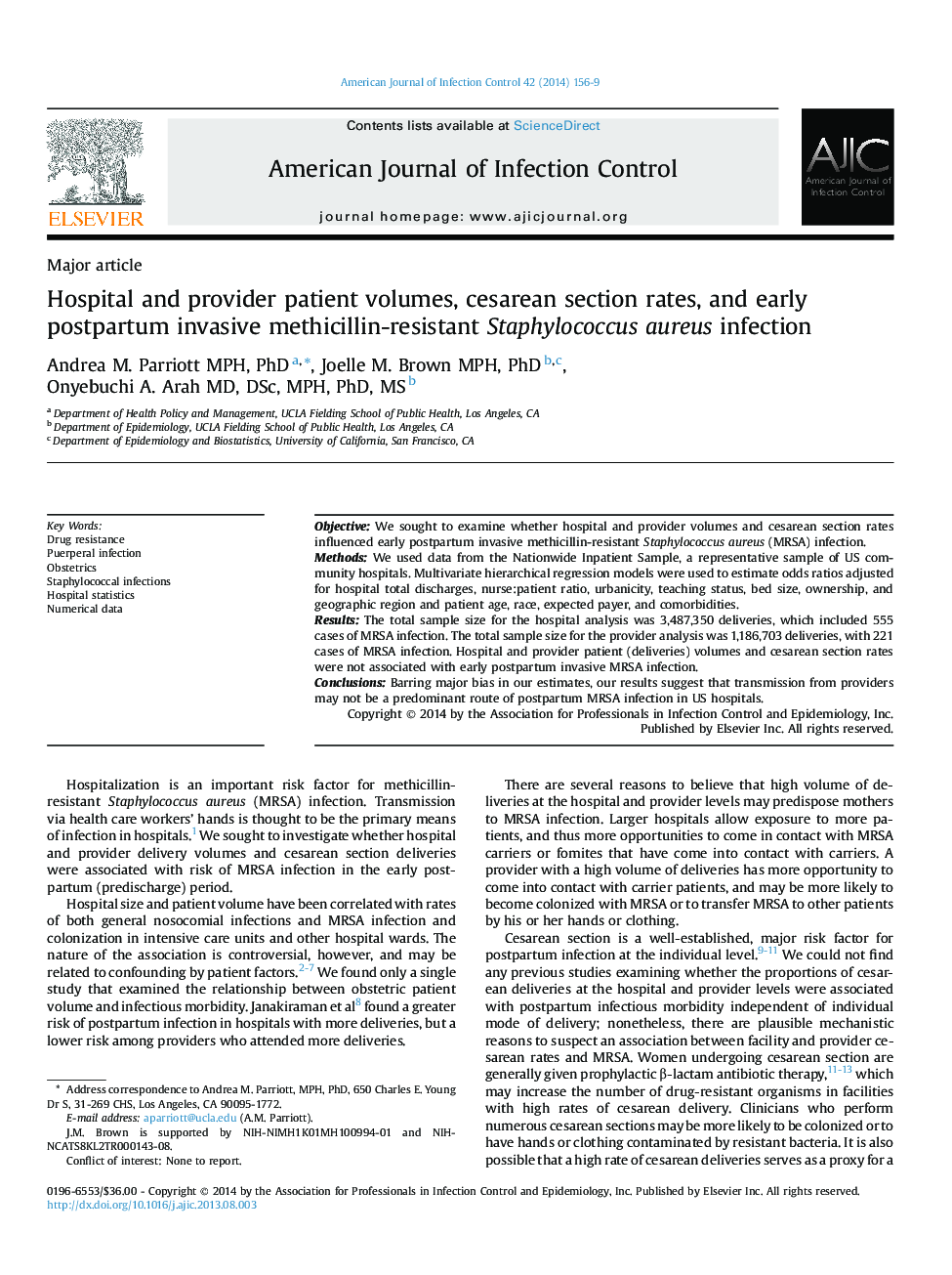 Hospital and provider patient volumes, cesarean section rates, and early postpartum invasive methicillin-resistant Staphylococcus aureus infection