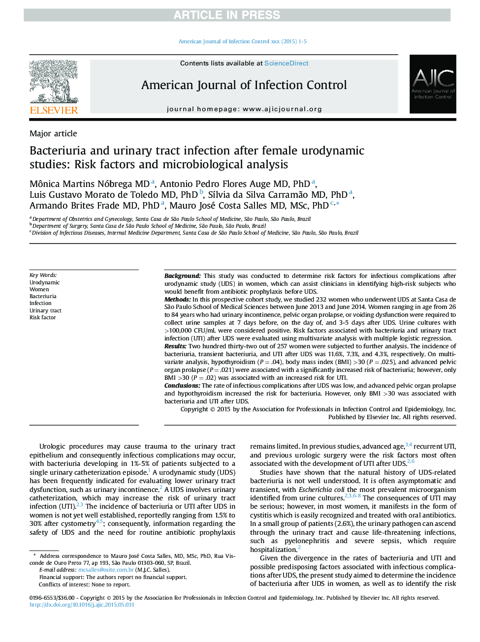 Bacteriuria and urinary tract infection after female urodynamic studies: Risk factors and microbiological analysis