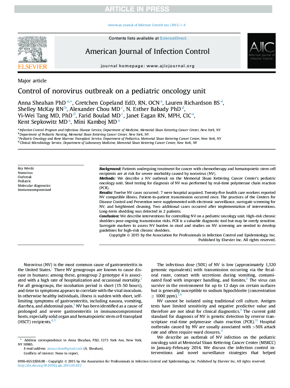 Control of norovirus outbreak on a pediatric oncology unit