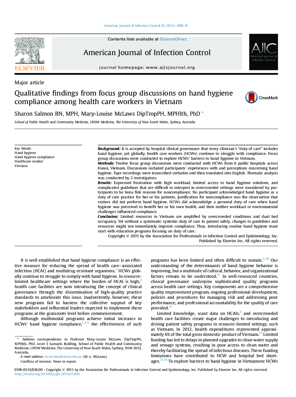 Qualitative findings from focus group discussions on hand hygiene compliance among health care workers in Vietnam