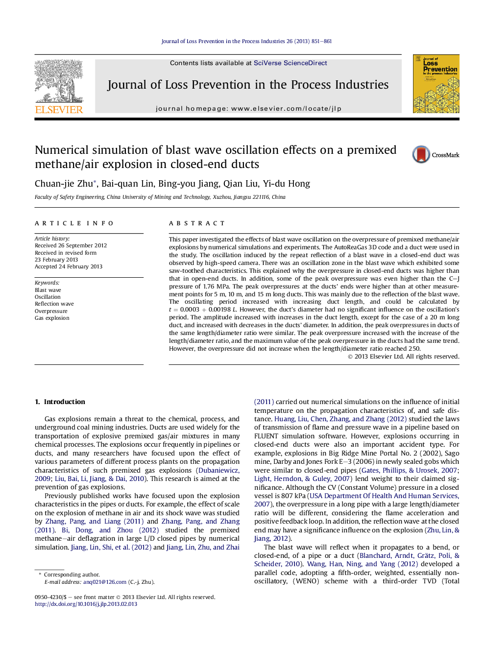 Numerical simulation of blast wave oscillation effects on a premixed methane/air explosion in closed-end ducts