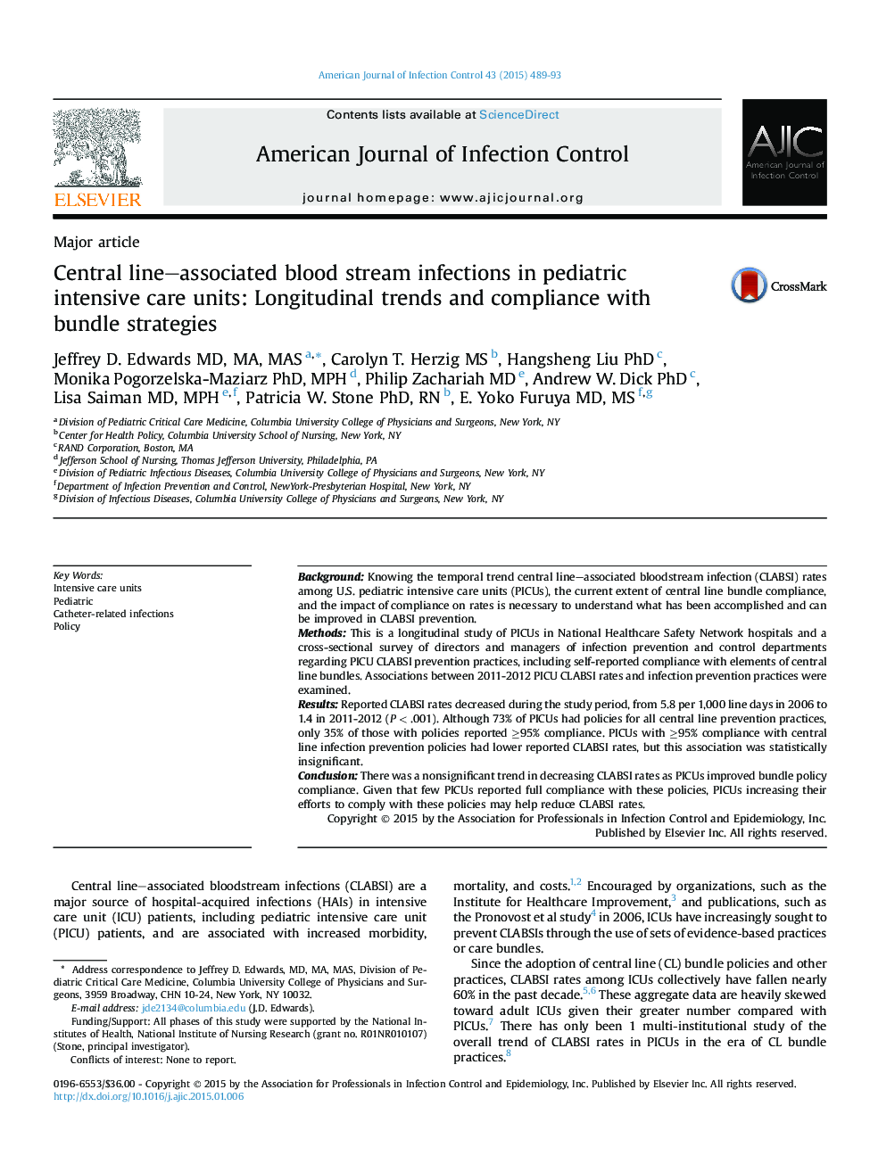 Major articleCentral line-associated blood stream infections in pediatric intensive care units: Longitudinal trends and compliance with bundle strategies