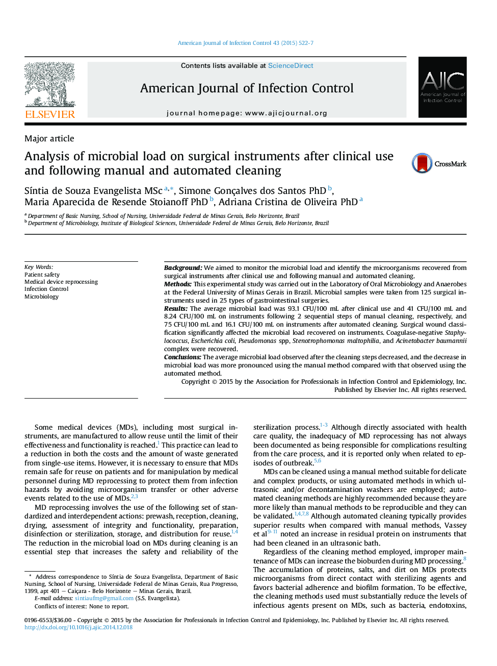 Analysis of microbial load on surgical instruments after clinical use and following manual and automated cleaning