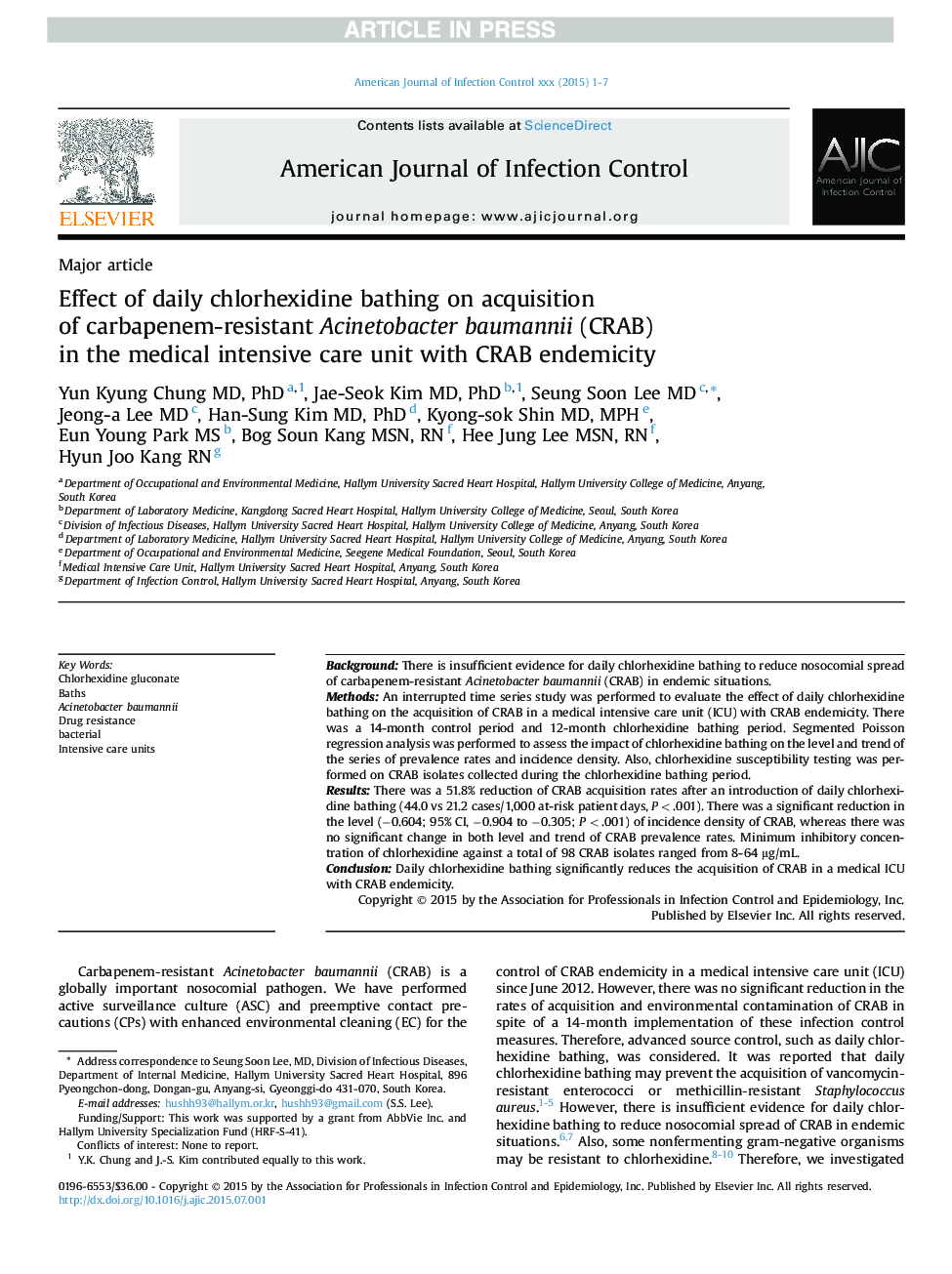 Effect of daily chlorhexidine bathing on acquisition of carbapenem-resistant Acinetobacter baumannii (CRAB) in the medical intensive care unit with CRAB endemicity