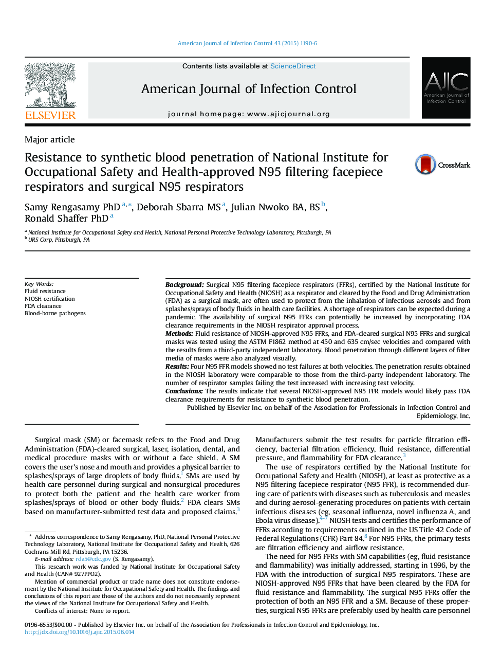 Resistance to synthetic blood penetration of National Institute for Occupational Safety and Health-approved N95 filtering facepiece respirators and surgical N95 respirators